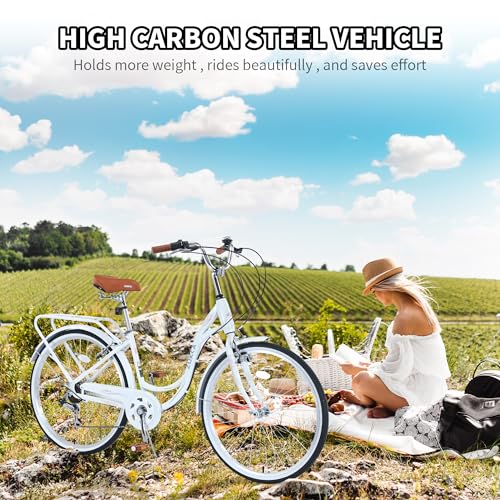 26 Inch Beach Cruiser Bike with 7 Speed, Adjustable Seat, Anti-Skid Tires, Front and Rear V-Brakes Q364312