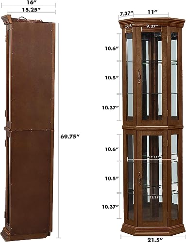 Walnut Wooden Corner Curio Cabinet with Adjustable Tempered Glass Shelves B64231
