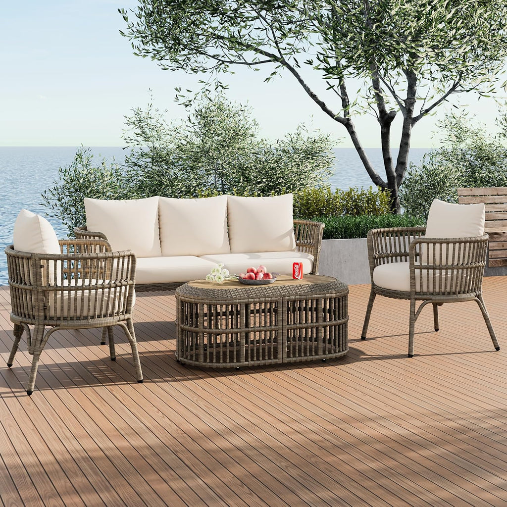 4-Piece Rattan Outdoor Patio Conversation Set with Coffee Table (Brown Grey) R13544