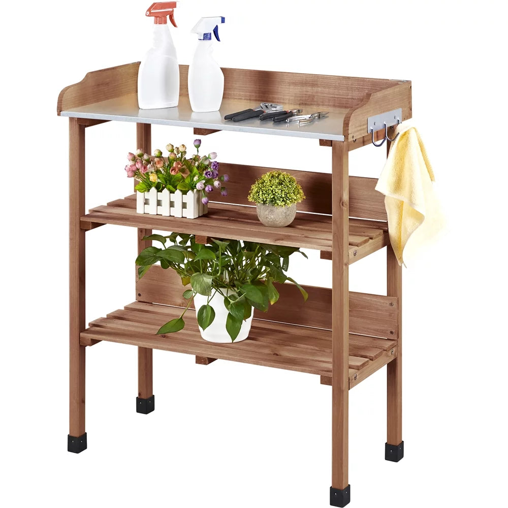 Brown Outdoor Potting Bench Table with Storage Shelf H120