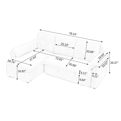 Black Corduroy Upholstered L-Shaped Sleeper Sectional Sofa with Pullout Bed K922465