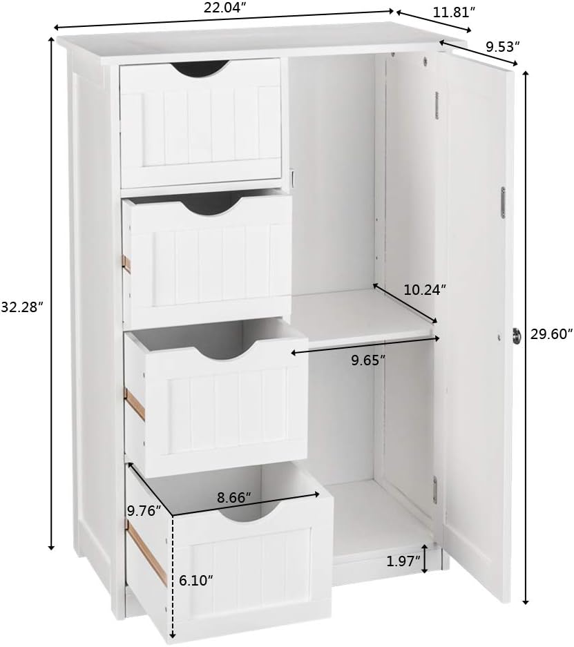 White 4 Drawer Single Door Bathroom Floor Cabinet S57671