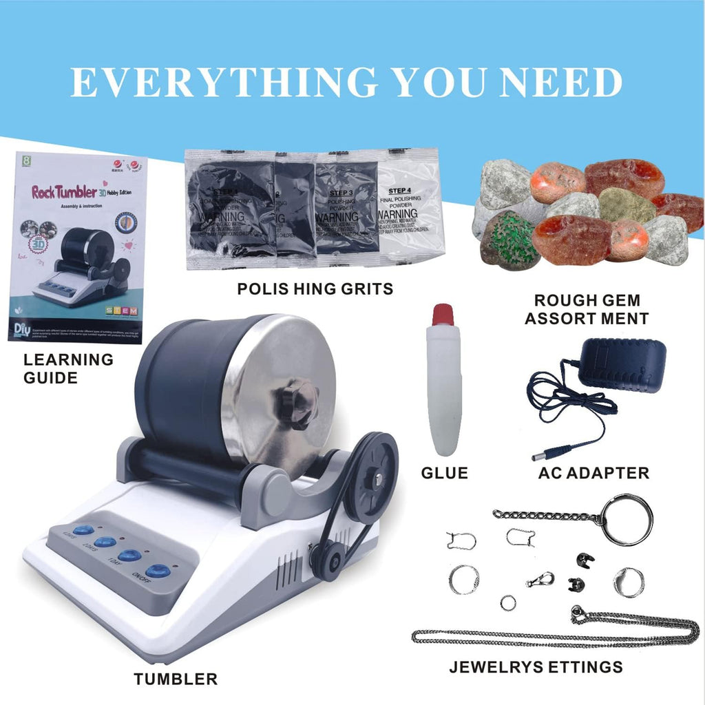 Rock Tumbler Kit with Rough Stones, Polishing Sands, Jewelry Fasteners T3202