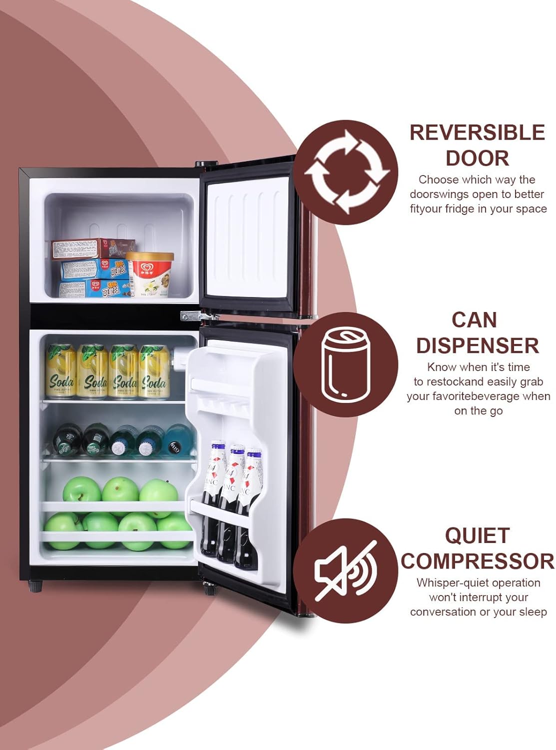 Mini Fridge With Freezer, Compact Refrigerator With 2 Doors, 3.5 Cu. Ft Wood J30060