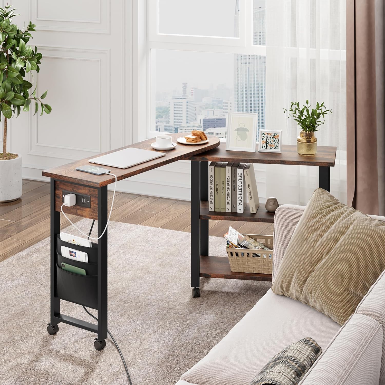 360° Rotating Sofa Side Table with Charging Station P1125