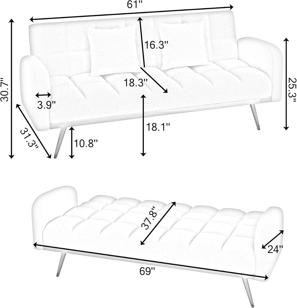 Pink Convertible Sleeper Loveseat Sofa 2-in-1 Adjustable Bed Futon Recliner with 2 Throw Pillows W7367