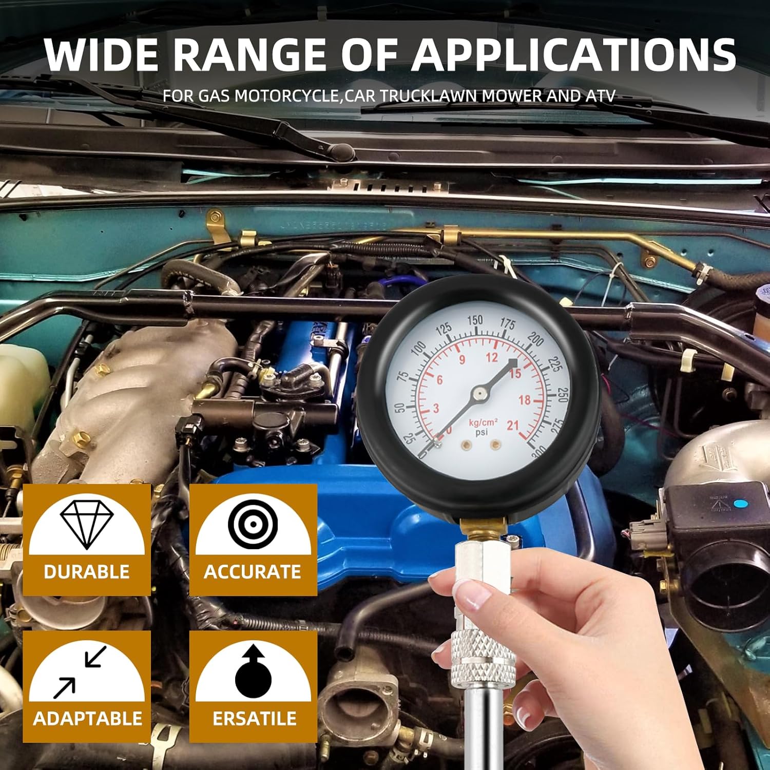Engine Compression Tester, 0-300 PSI, 8pcs Compression Tester with Adapters A664