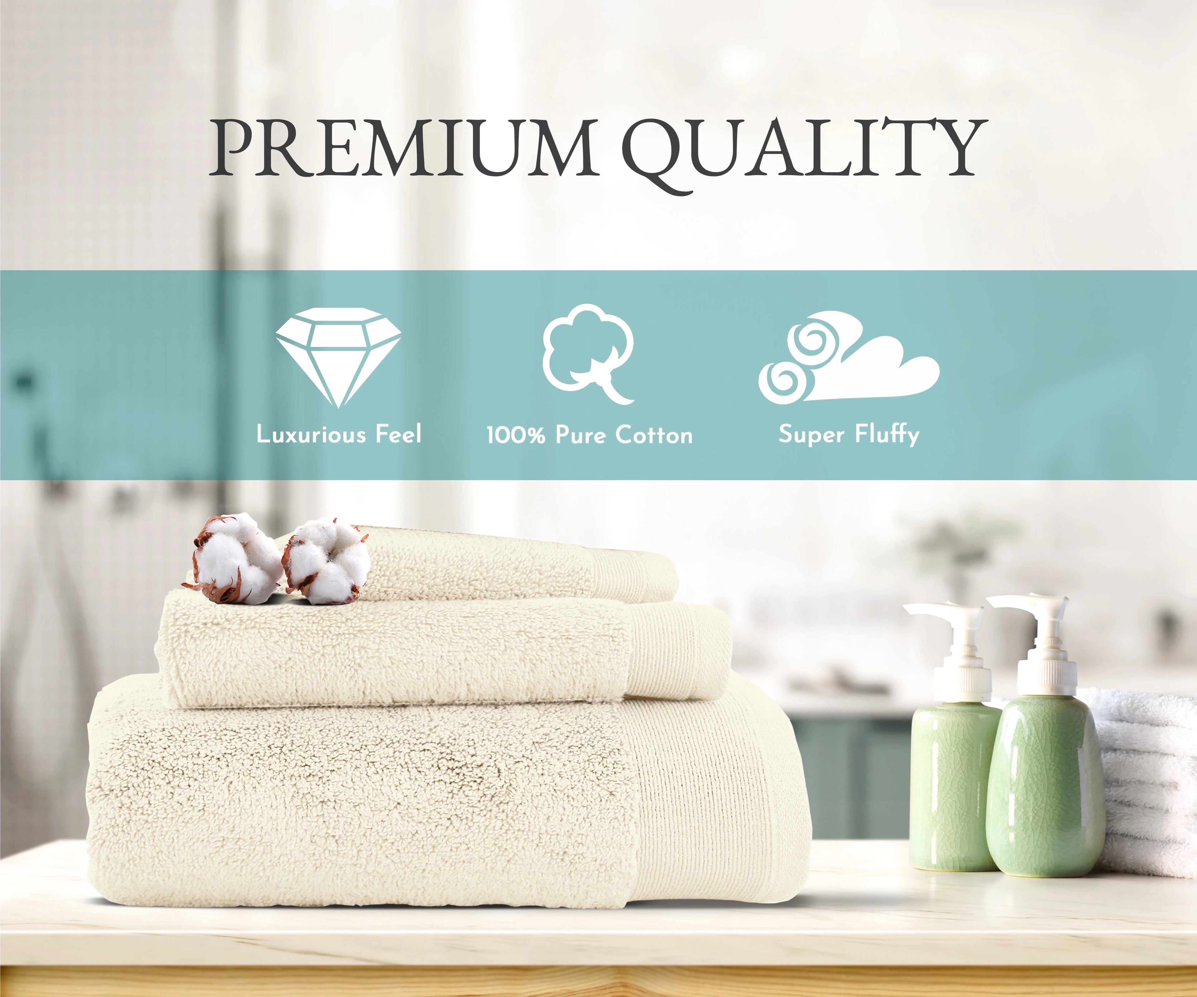 100% Cotton Bath Towel Set - 1 Bath Towel, 1 Hand Towel, 1 Wash Cloth (Ivory) T202