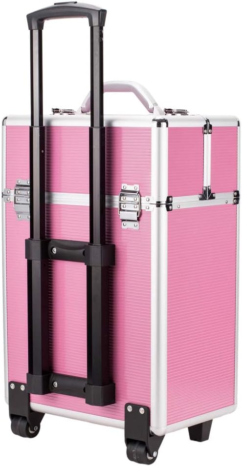 Rolling 4 Tiers Lockable Aluminum Makeup Travel Organizer Cosmetic Case Rose Pink H557