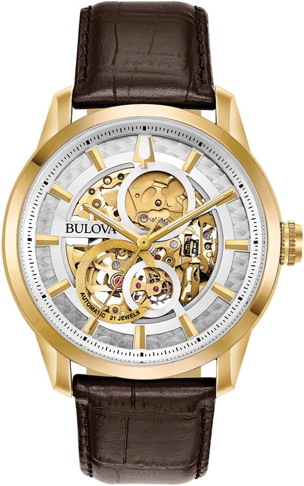 Brown Leather Strap Automatic Skeleton Dial Watch 43mm E5498