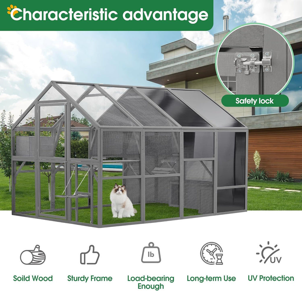 Large Cat Cage Outdoor Wooden Catio Enclosure Patio Cat Run House with Weatherproof Roof M79044