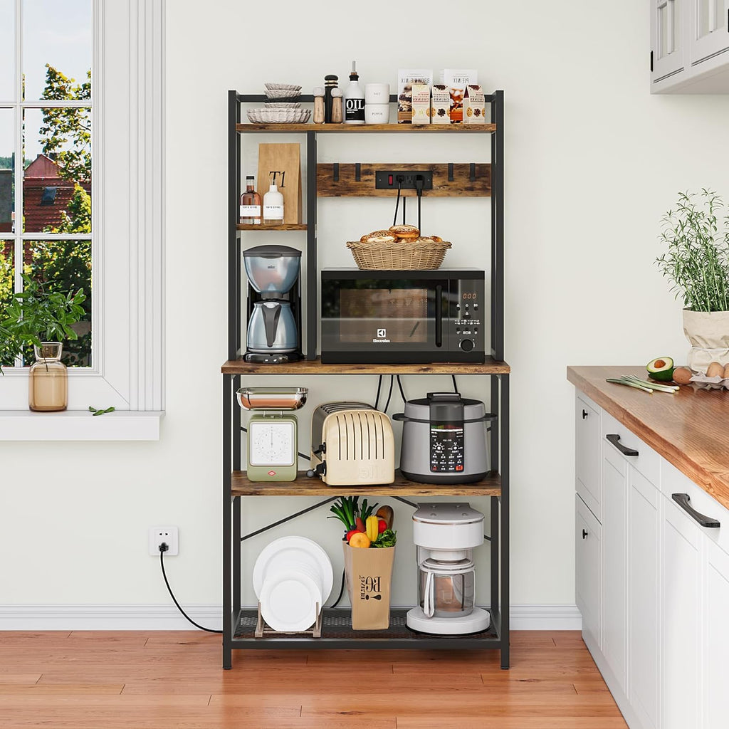 5-Tier Metal Bakers Rack with Power Outlet, Rustic Brown L389