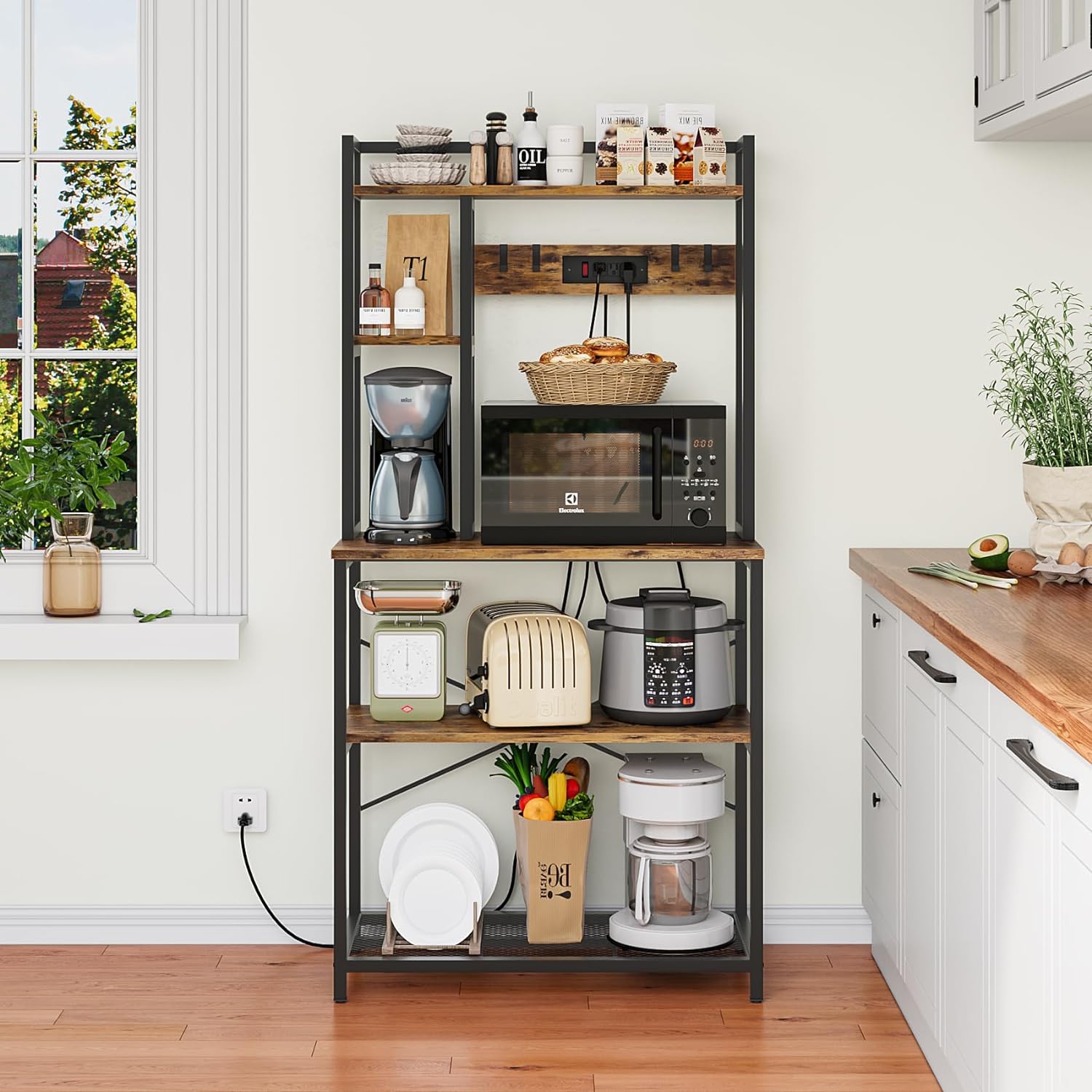 5-Tier Metal Bakers Rack with Power Outlet, Rustic Brown L389