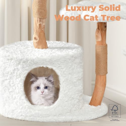 White Wood Cat Tree with Scratching Posts and Flower Platforms O520415