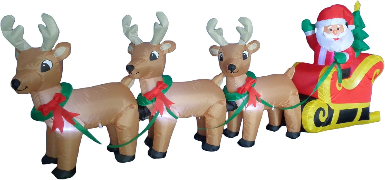 8 Foot Long Christmas Inflatable Santa Claus on Sleigh with 3 Reindeer and Christmas Tree LED Lights V47238
