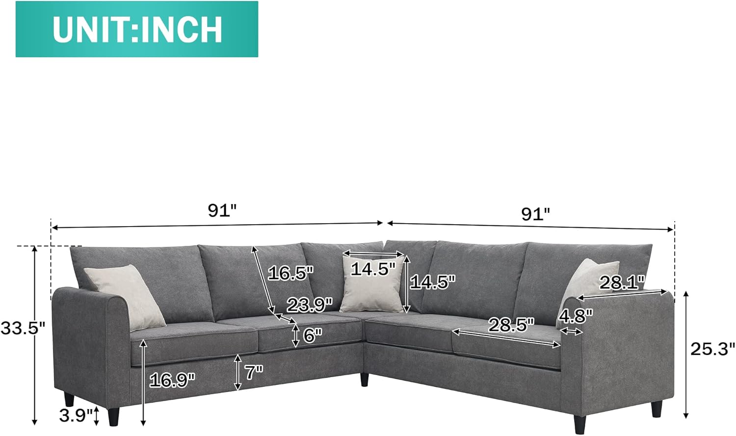 Grey Upholstered L Shape Sectional Sofa with 3 Pillows M891