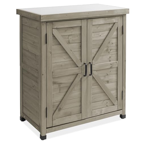 Gray Wooden Potting Bench with Metal Tabletop and Storage Cabinet S184280