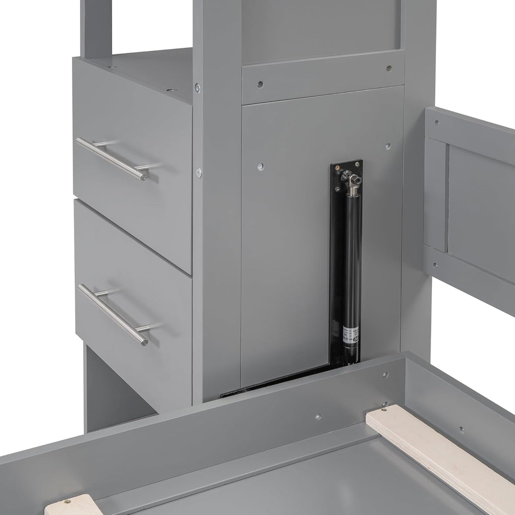 Queen Size Murphy Bed with Double Drawers and Open Storage Shelves, Grey A206