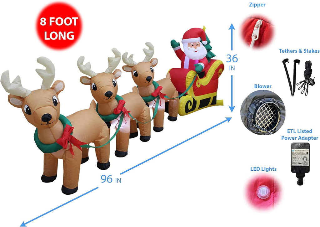 8 Foot Long Christmas Inflatable Santa Claus on Sleigh with 3 Reindeer and Christmas Tree LED Lights V47238
