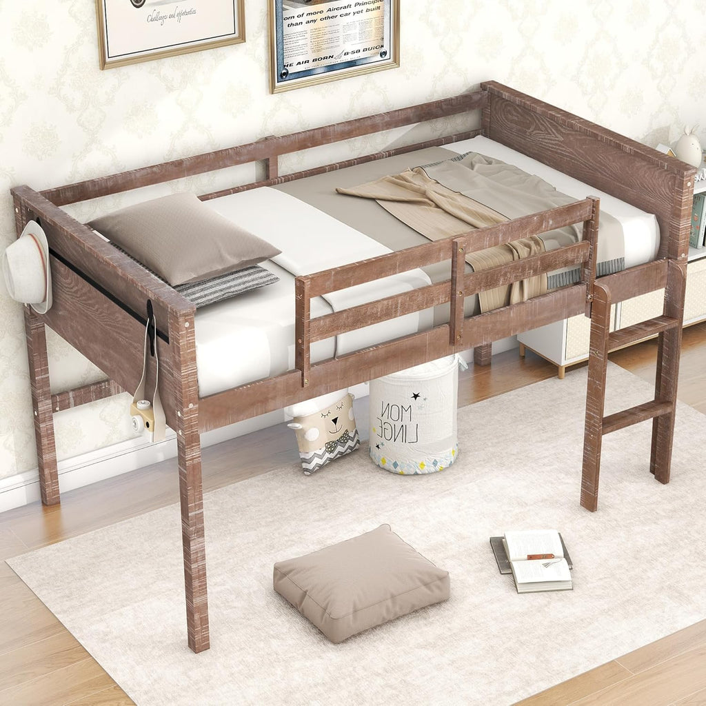 Twin Size Wood Loft Bed with Hanging Clothes Rack K9523