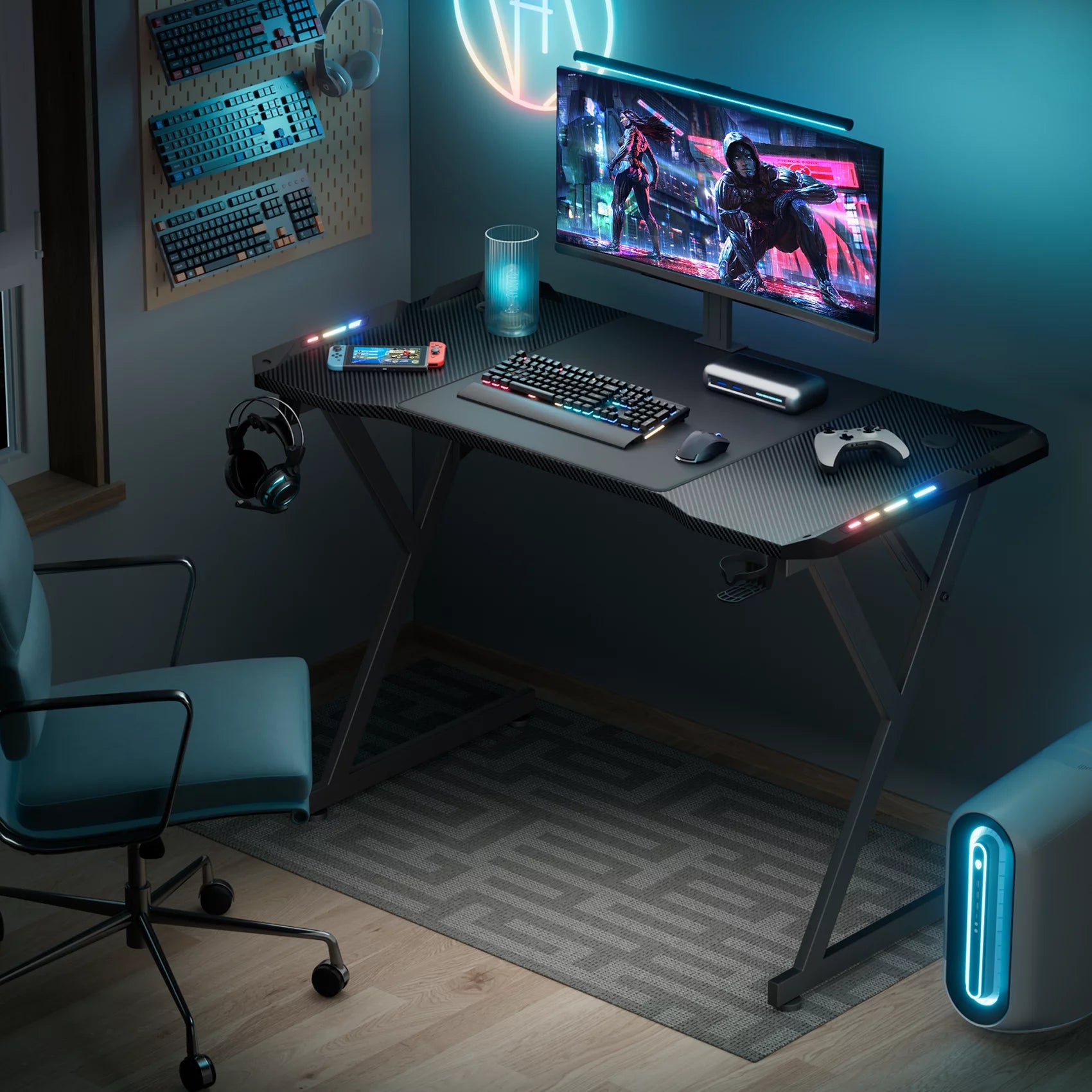 Black 55 Inch Gaming Desk with LED Lights, Carbon Fibre Surface Z957