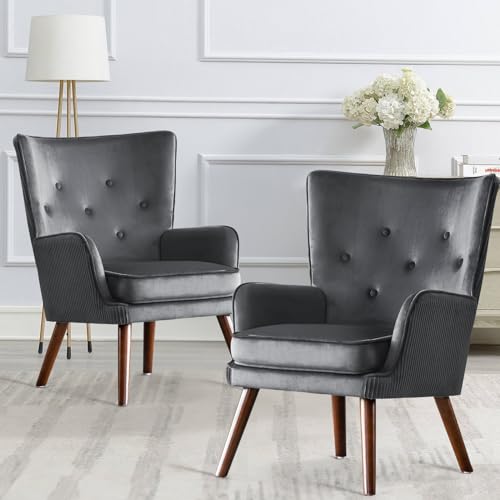 Blue Velvet Accent Chair with Solid Wood Legs H992979