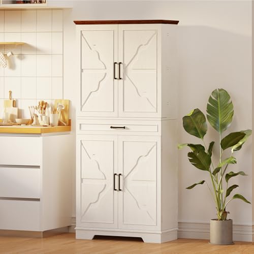 White 72" Tall Freestanding Pantry Cabinet with Sliding Storage Rack and 6 Hanging Shelves C8323