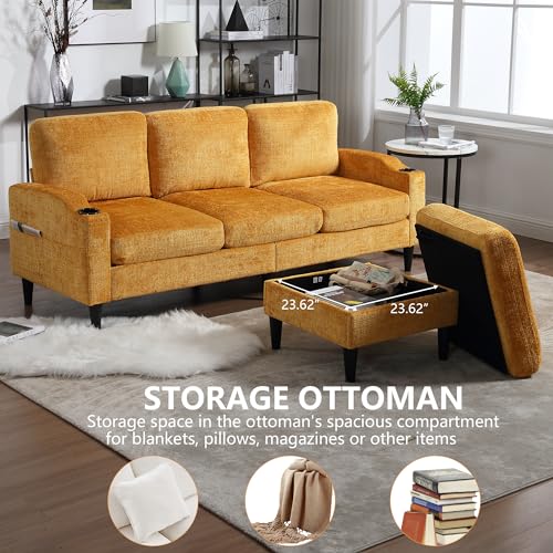 Pink Convertible Sectional Sofa Couch, 3-Seater Modular Sofas with Storage Ottoman, Chenille Fabric L Shaped Sectional Couches C8351