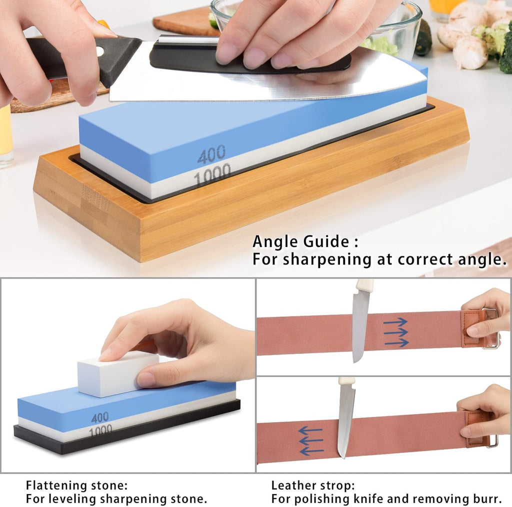 4 Side Grit 400/1000 3000/8000 Whetstone Set with Bamboo Base H18738
