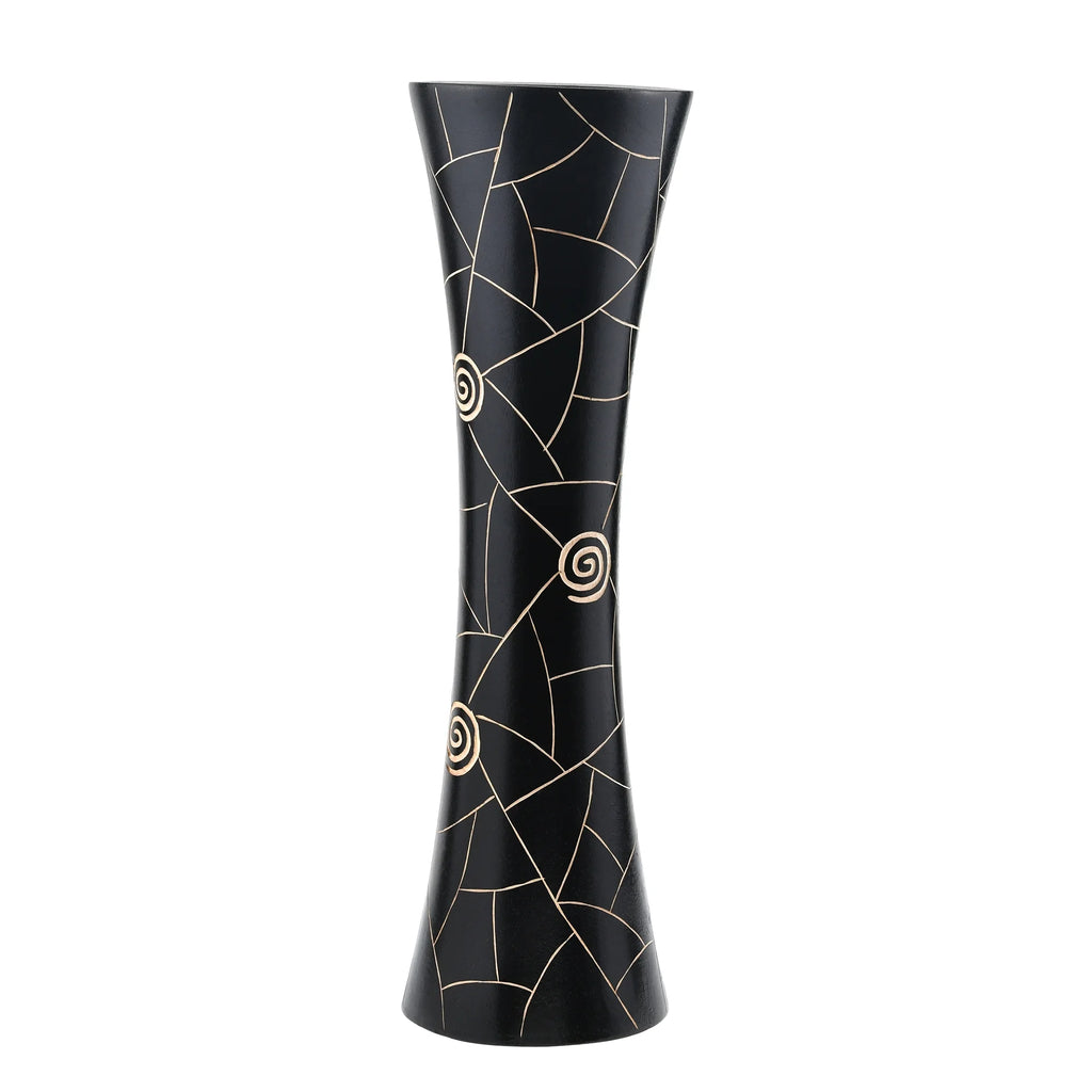 Black Golden Geometric Etch Natural Mango Tree Wood Concaving Vase X160239