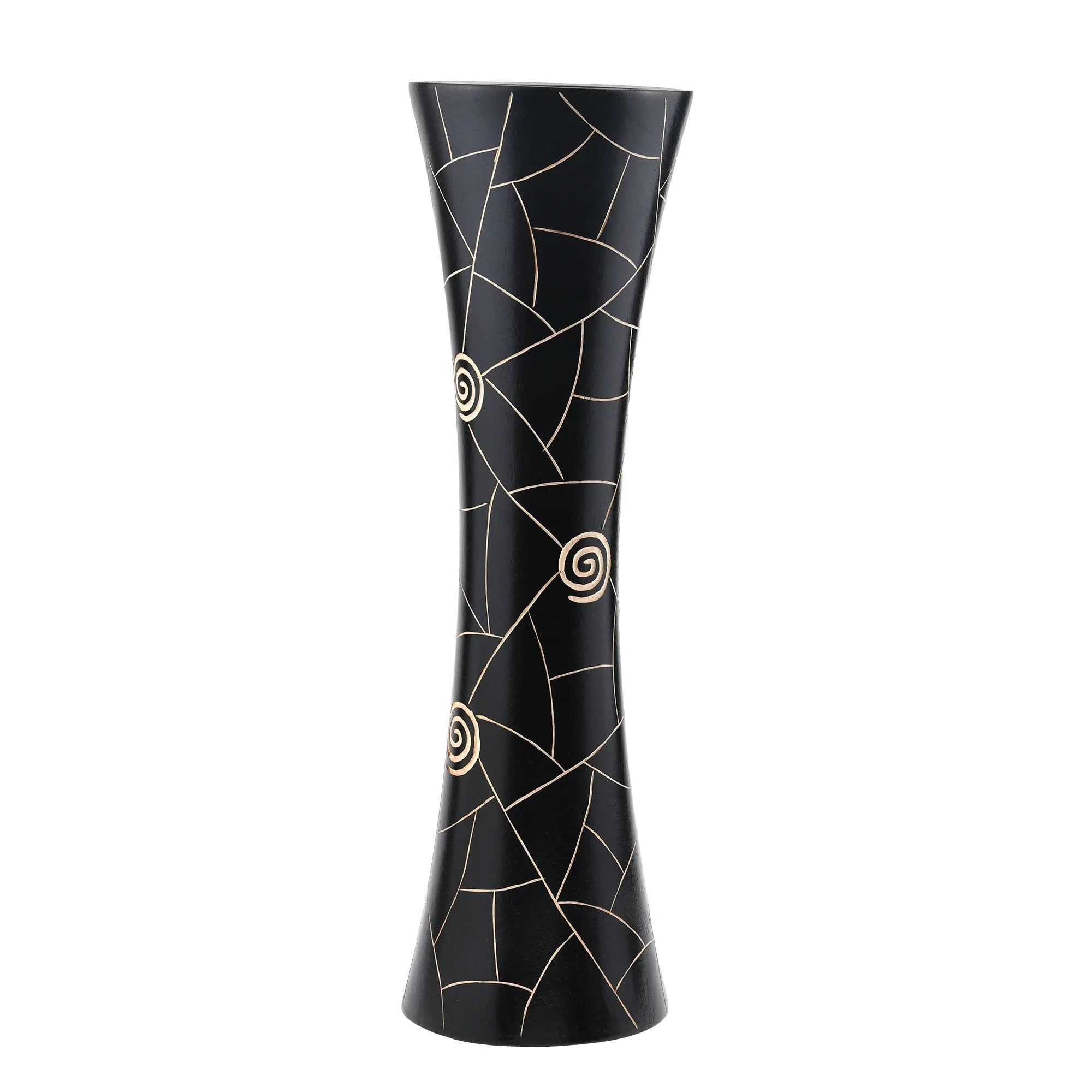 Black Golden Geometric Etch Natural Mango Tree Wood Concaving Vase X160239
