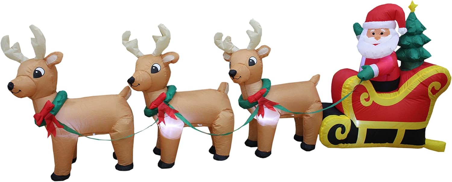8 Foot Long Christmas Inflatable Santa Claus on Sleigh with 3 Reindeer and Christmas Tree LED Lights V47238