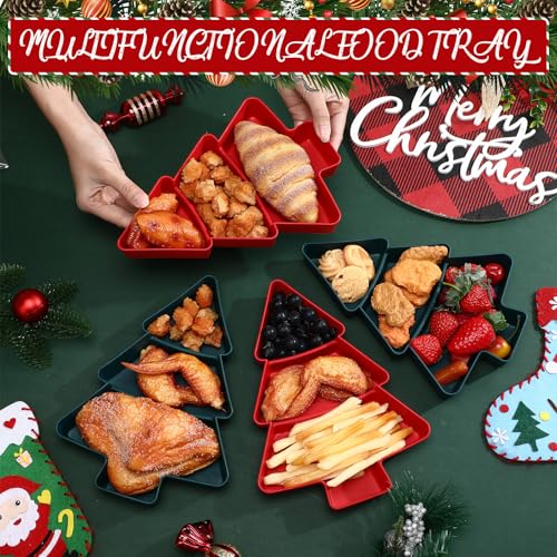 6 Pcs Christmas Tree Shape Serving Tray Platter Red and Green Plastic 3 Grids Dishes with Bag and Ribbon K975416