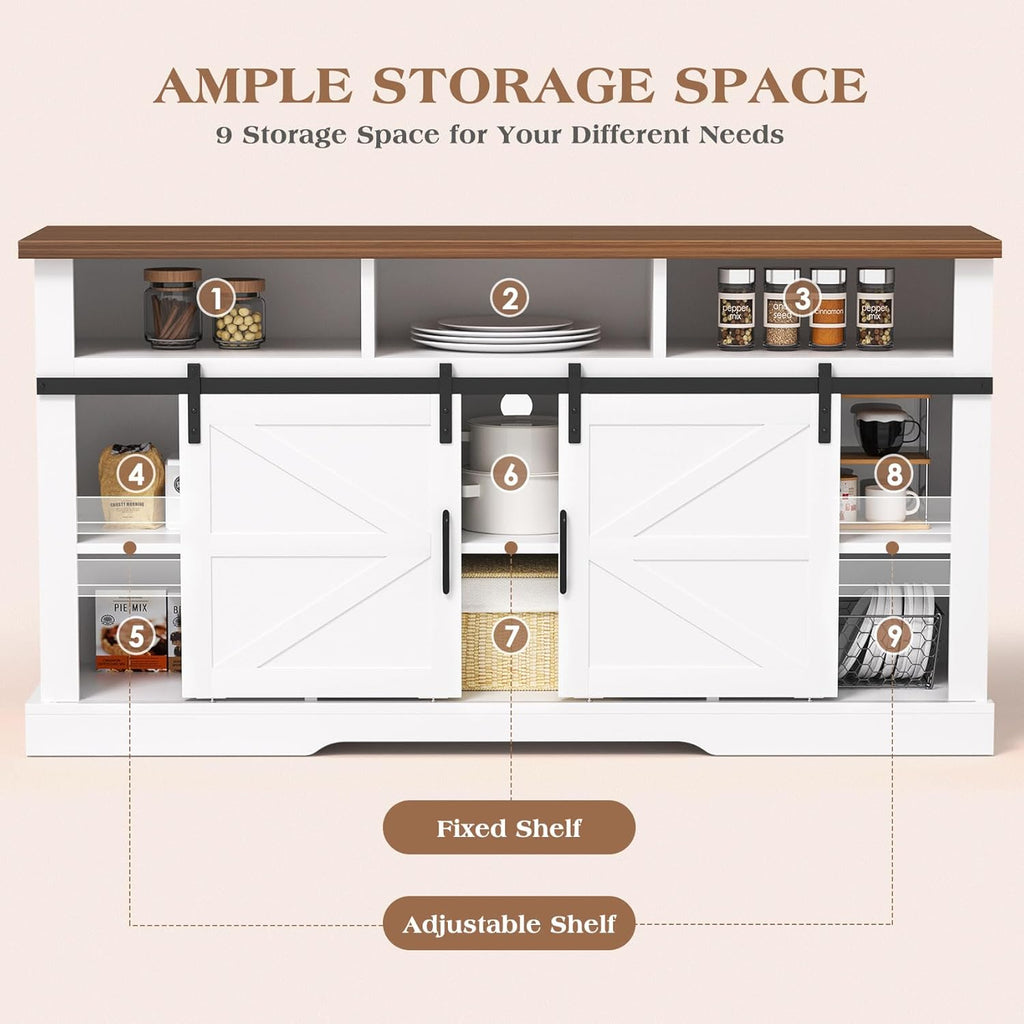 White 58" Coffee Bar Cabinet with Sliding Barn Door and Adjustable Shelf H144
