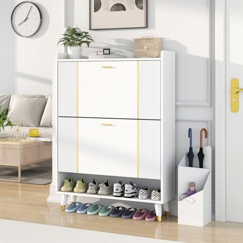 White 3 Flip Drawers Wooden Shoe Cabinet, Holds 28 Pairs G650264