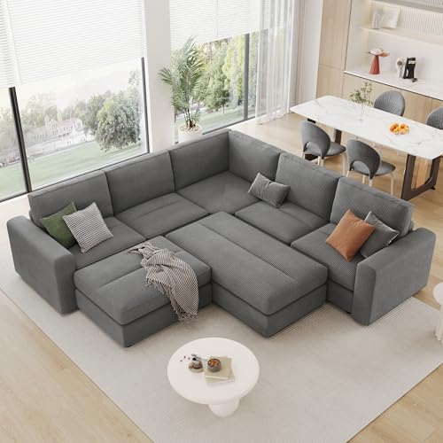 Gray Corduroy Modular Sofa with Two Ottomans J514554
