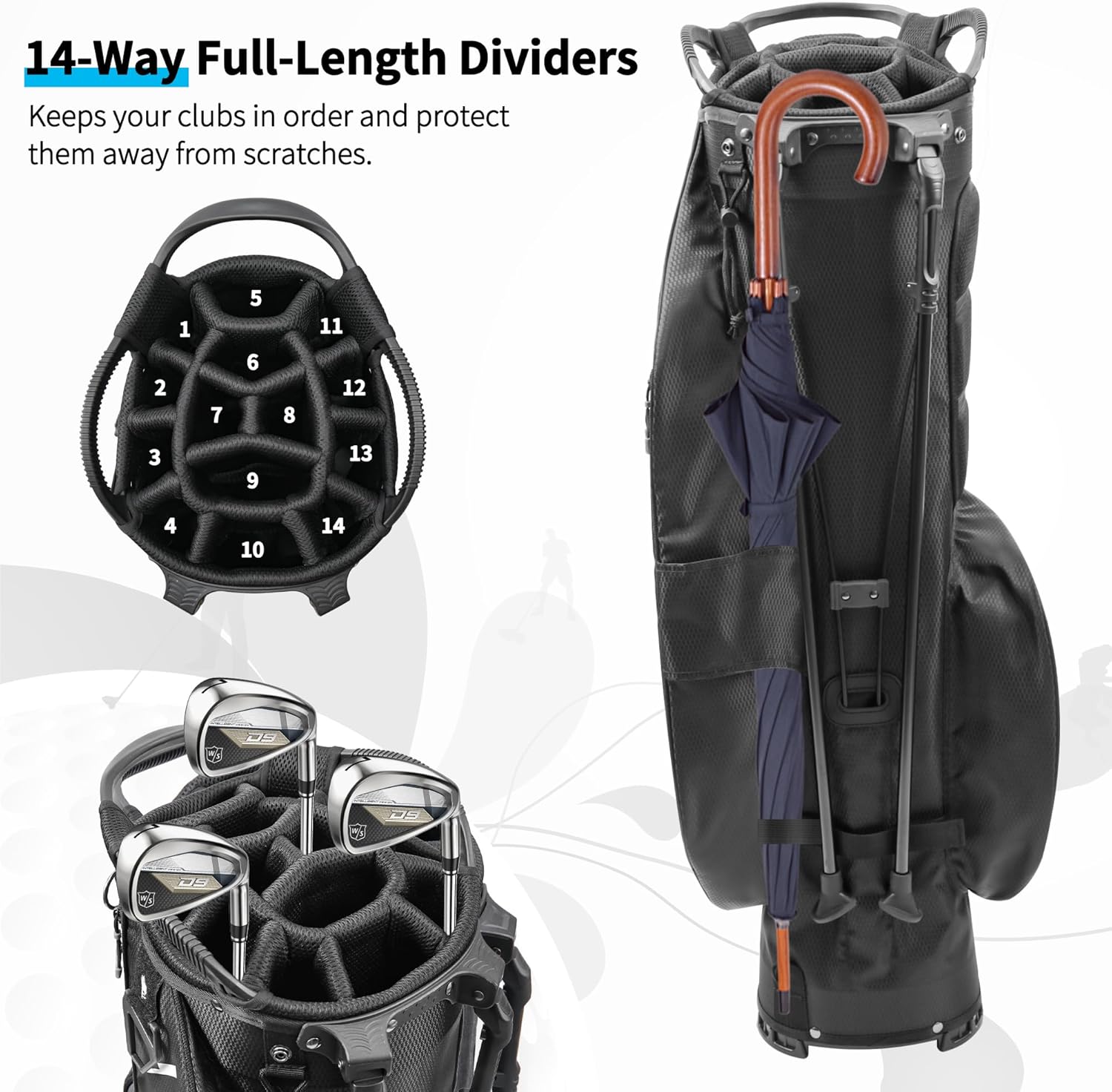 Black 14 Way Full-Length Dividers Lightweight Waterproof Golf Bag with Stand U3943