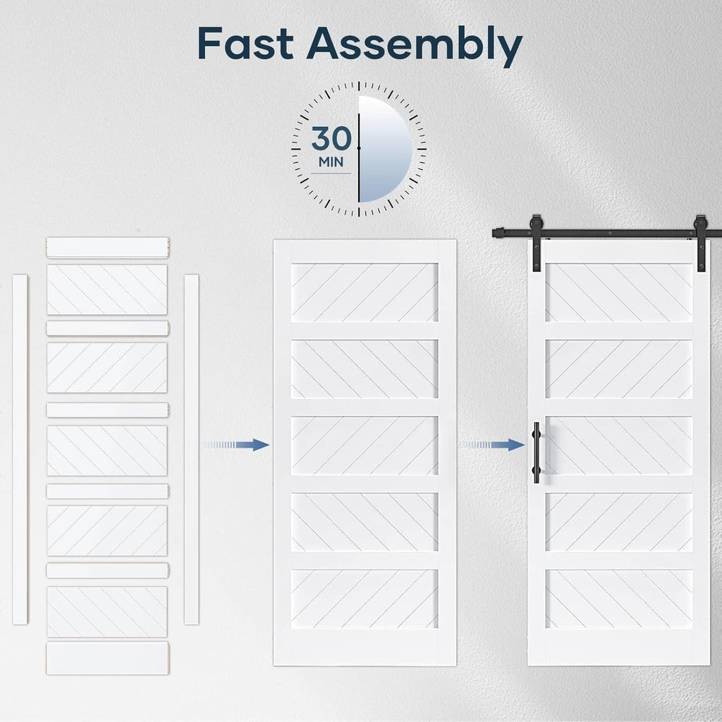 White Barn Door with Sliding Door Hardware Kit, Solid MDF Wood Slab with PVC Surface, 5-Panel M4769