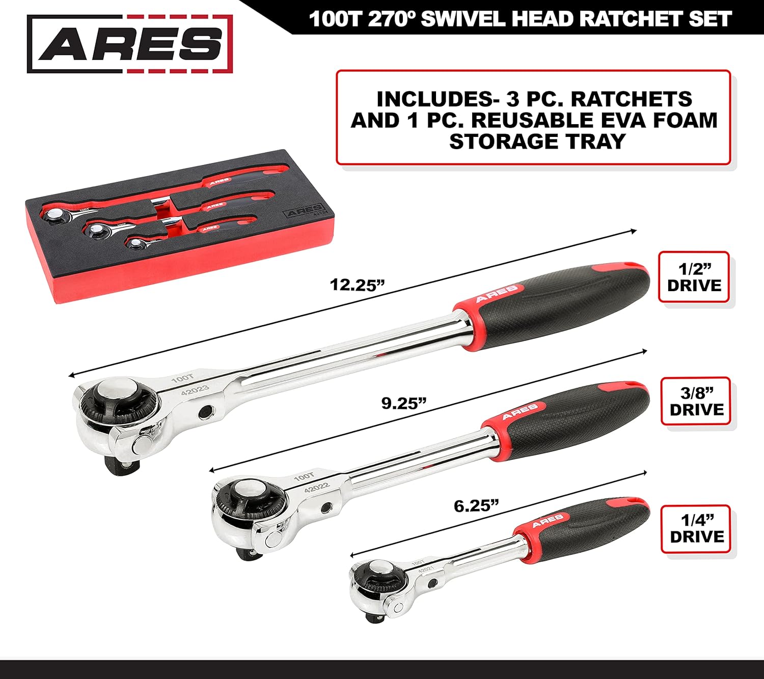 3-Piece 100-Tooth Swivel Head Ratchet Set with Comfort Grip TPR Handles and EVA Foam Storage Tray E71507