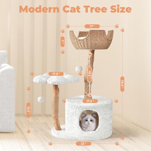 White Wood Cat Tree with Scratching Posts and Flower Platforms O520415