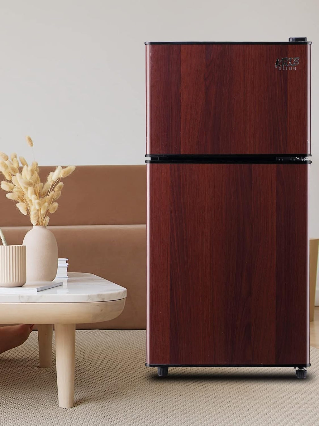 Mini Fridge With Freezer, Compact Refrigerator With 2 Doors, 3.5 Cu. Ft Wood J30060