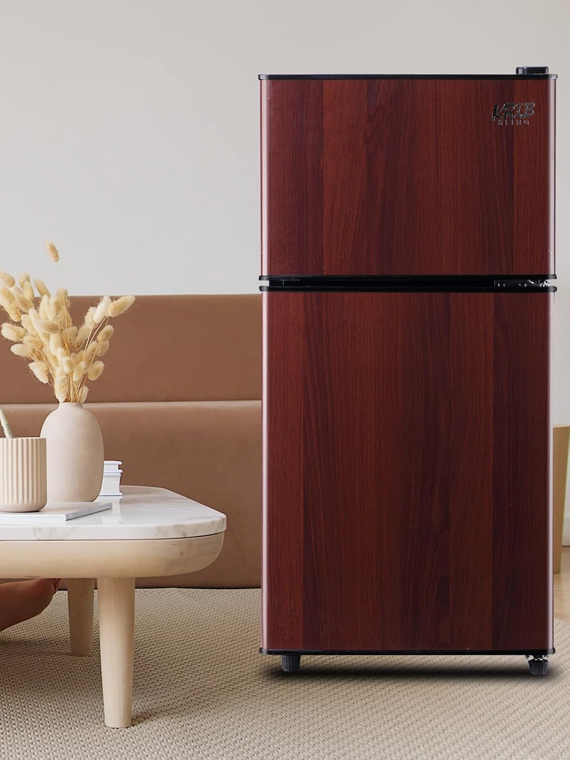 Mini Fridge With Freezer, Compact Refrigerator With 2 Doors, 3.5 Cu. Ft Wood J30060