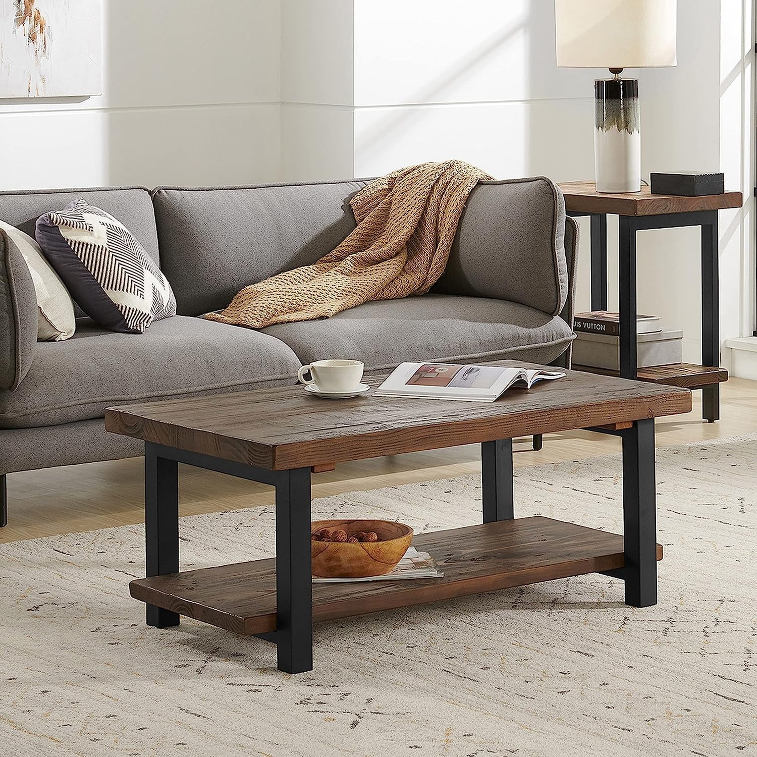 Rustic Industrial Metal and Solid Wood Coffee Table 42 in x 24 in x 18 in Brown E96563