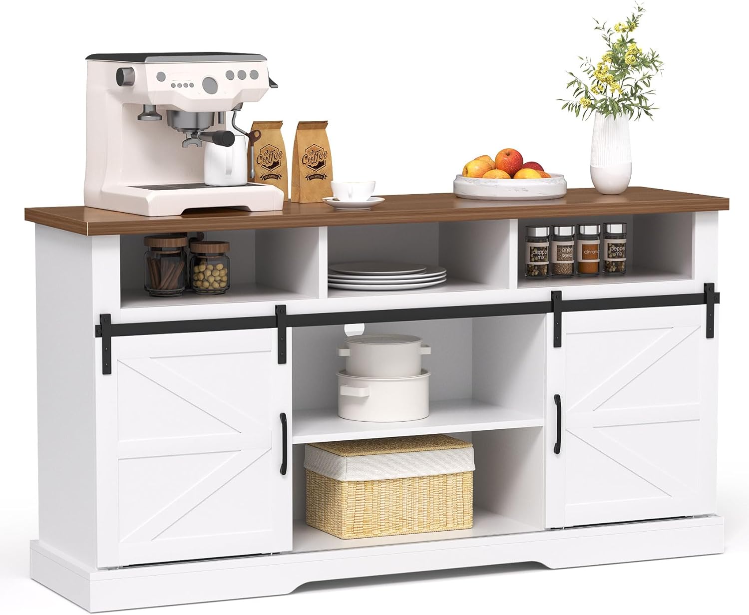White 58" Coffee Bar Cabinet with Sliding Barn Door and Adjustable Shelf H144