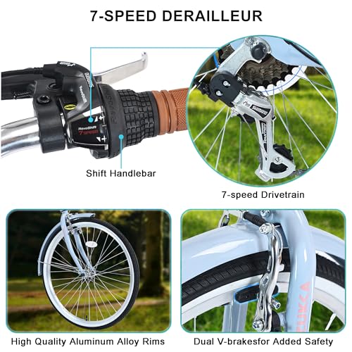 26 Inch Beach Cruiser Bike with 7 Speed, Adjustable Seat, Anti-Skid Tires, Front and Rear V-Brakes Q364312