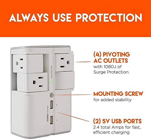 USB Wall Charger Surge Protector with 4 Pivoting AC Outlets & 2 USB Ports P10740