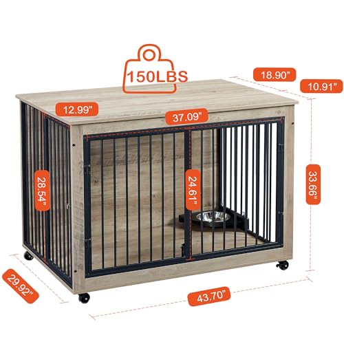Large Dog Kennel Furniture with 1 Stainless Steel Bowls (43Inch Grey) R206