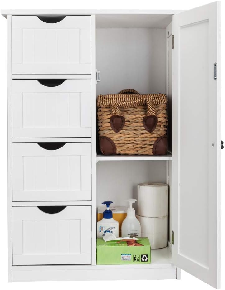 White 4 Drawer Single Door Bathroom Floor Cabinet S57671