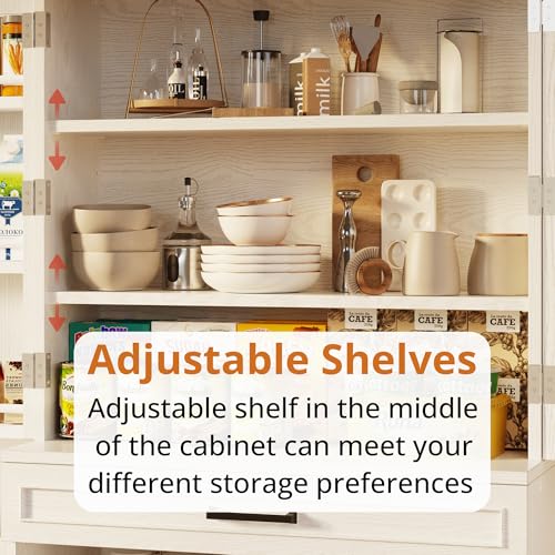 White 72" Tall Freestanding Pantry Cabinet with Sliding Storage Rack and 6 Hanging Shelves C8323