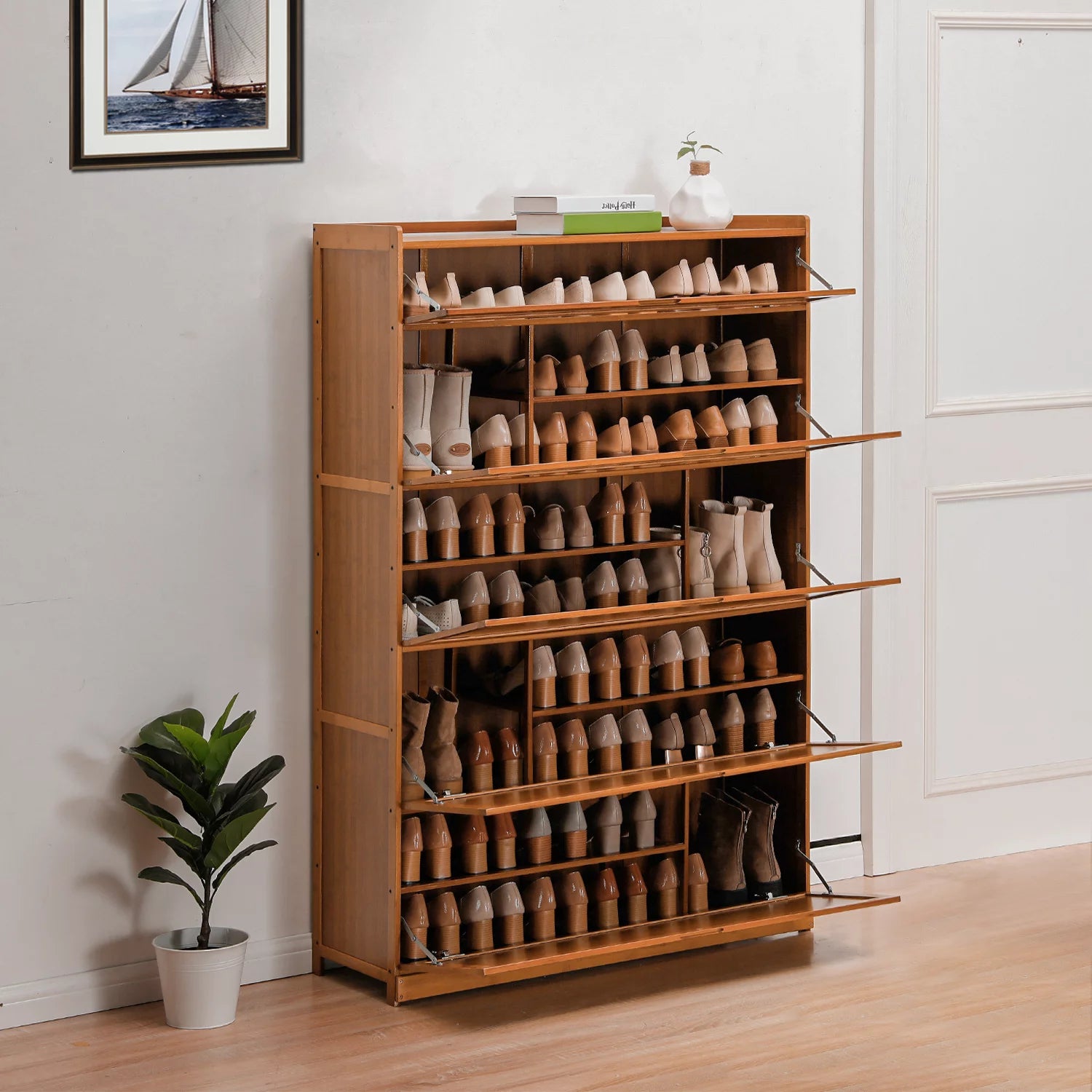 Bamboo 9 Tier Shoe Organizer Cabinet with Door Brown B99362